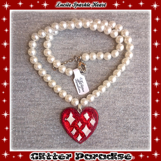 Necklace: Lucite Sparkle Heart & Pearls