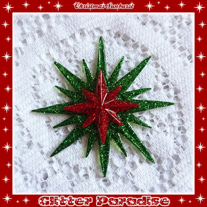 Brooch: Christmas Sunburst Green and Red