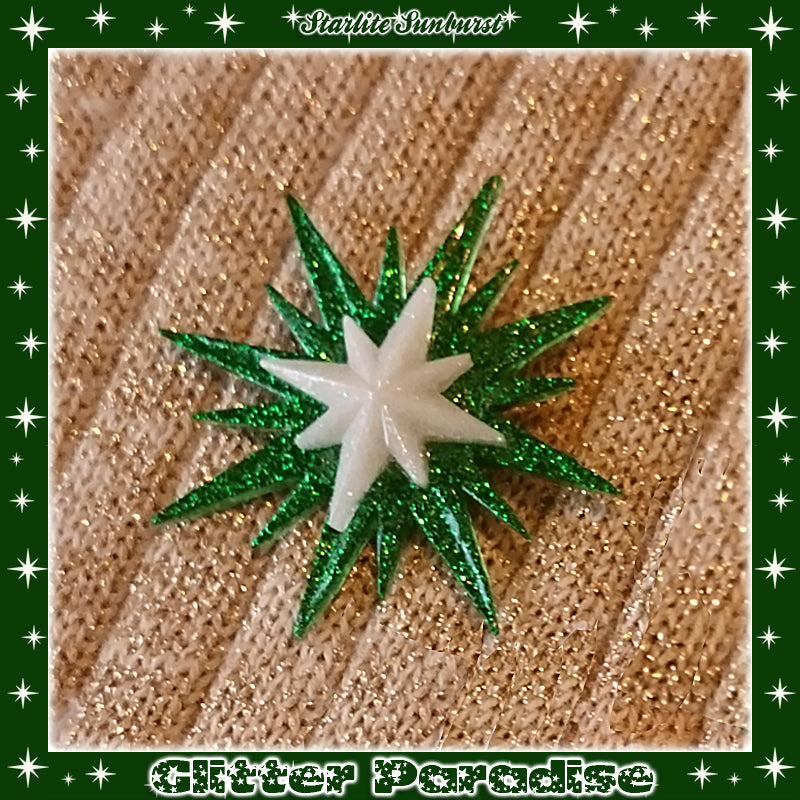Brooch: Christmas Sunburst Green and White